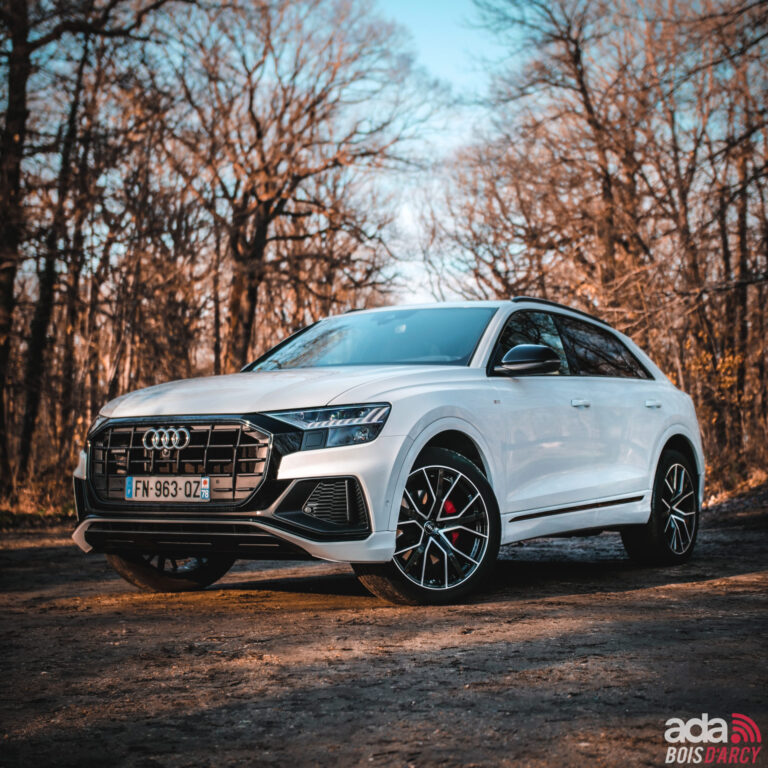 Audi Q8 blanc dans une allée bordée d'arbres, SUV confortable pour venir de Seine-et-Marne