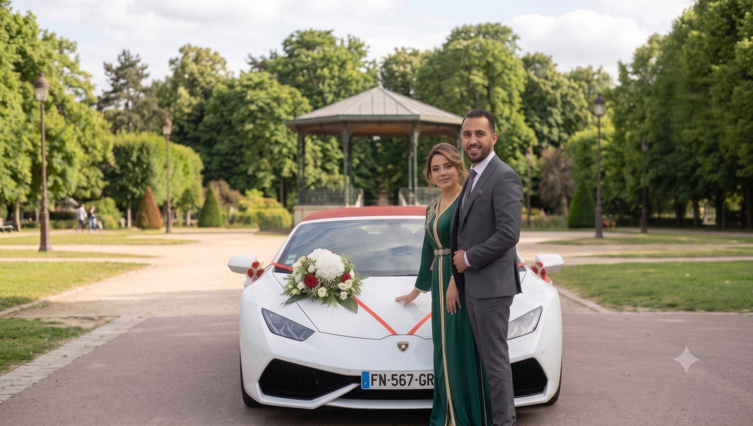 Yasmine et Karim devant la Lamborghini Huracán Spyder blanche — mariage Saint-Denis 321 ADA
