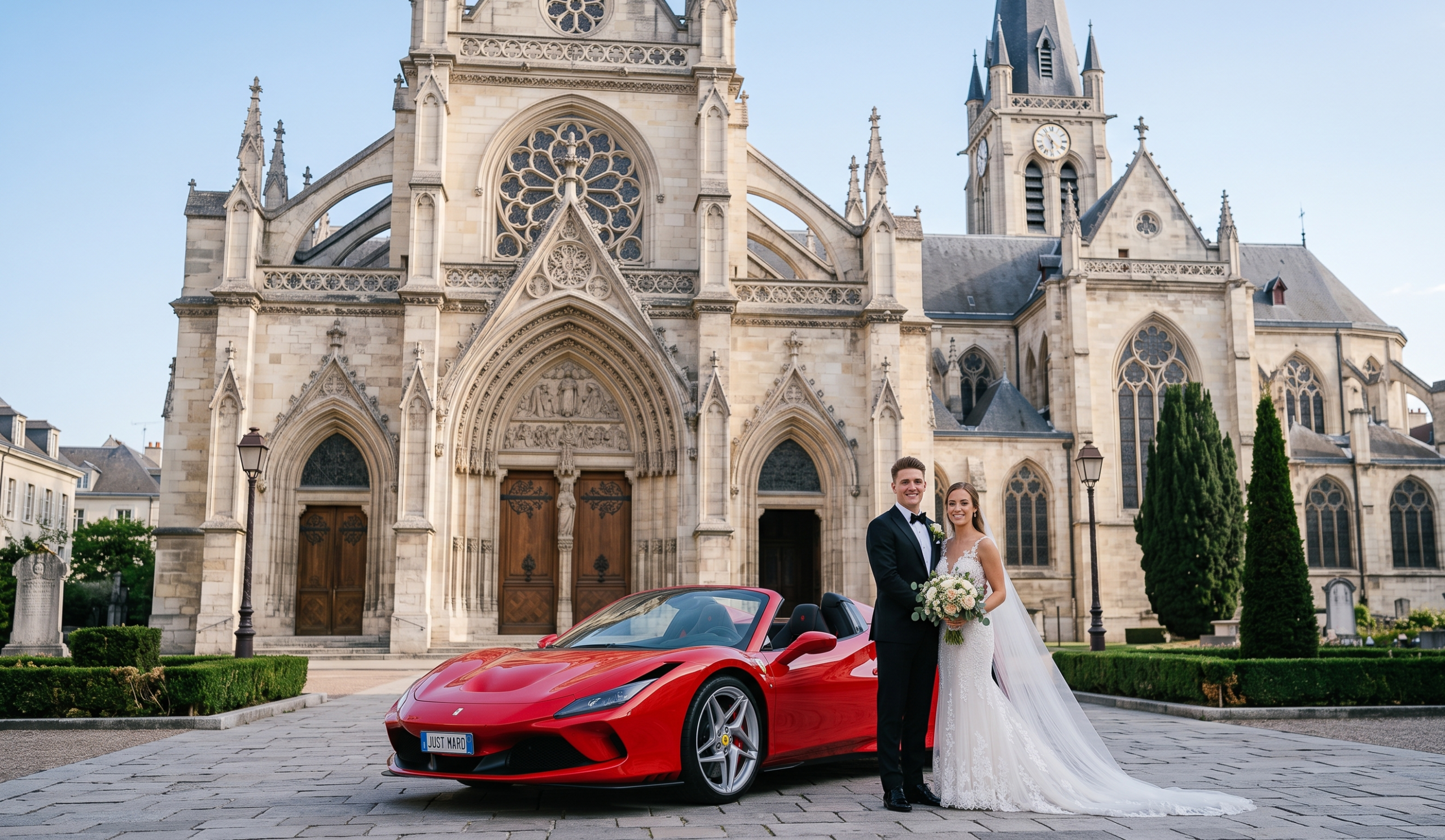 Sophie et Thomas devant la Ferrari F8 Spider rouge — mariage Nanterre 321 ADA